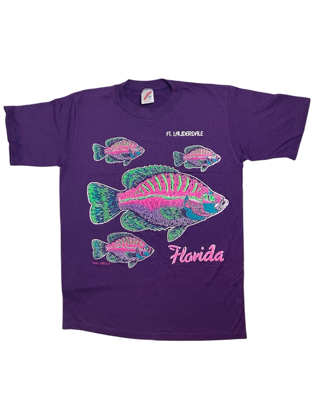 Vintage Tee Single Stitch 1991 Jerzees 90s Neon Graphic Fish Florida Souvenir